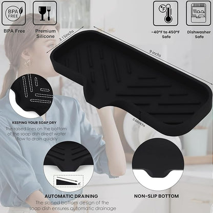 Silicone Bathroom Soap Dishes, Sponge Holder for Kitchen Sink, Shower Soap Holder with Drain, Soap Dispenser Tray, Soap Dish for Bottle, Cup, Sink or Counter Organizer - Black 9" x 3.15"