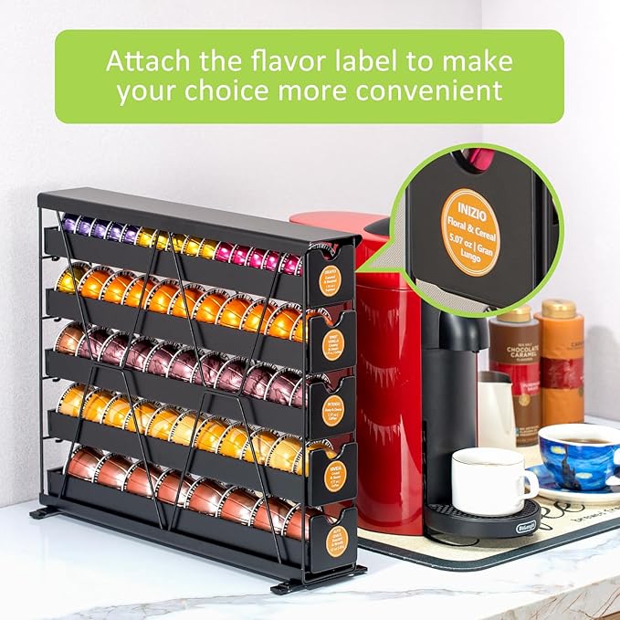 FlagShip 5-Tier Corner Coffee Pod Organizer for Nespresso Vertuo - 50+ Capsule Metal Storage, Space-Saving Kitchen Countertop Rack Wall Mountable