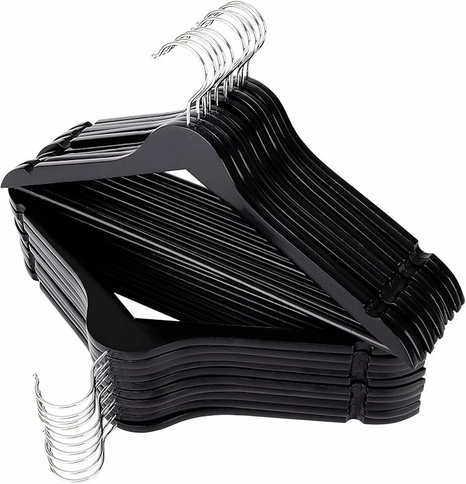 Solid Wooden Hangers 20 Pack, Wood Suit Hangers with Extra Smooth Finish, Precisely Cut Notches and Chrome Swivel Hook, Wooden Clothes Hangers for Shirt Coat Jacket Dress, Black