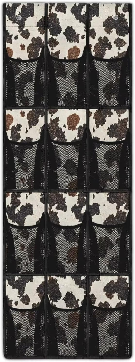 Over the Door Shoe Organizer Foldable Cow Print Hanging Shoe Organizer with 12 Large Pockets Sturdy Oxford Storage Holder for Dorm Room