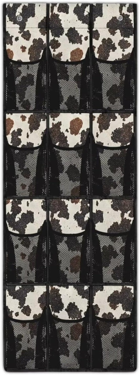 Over the Door Shoe Organizer Foldable Cow Print Hanging Shoe Organizer with 12 Large Pockets Sturdy Oxford Storage Holder for Dorm Room