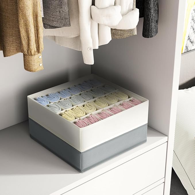 Sock Organizer 4 Pack, 24 Cell Underwear Organizer Foldable Underwear Storage, Sock and Underwear Drawer Organizer for Socks Ties Underwear Belts. (Grey)