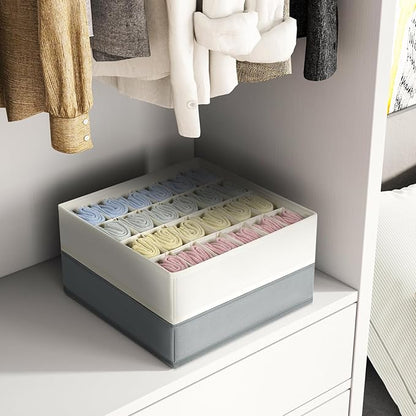 Sock Organizer 4 Pack, 24 Cell Underwear Organizer Foldable Underwear Storage, Sock and Underwear Drawer Organizer for Socks Ties Underwear Belts. (Grey)