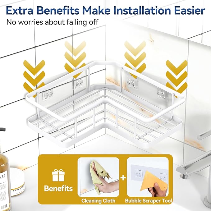 YASONIC Shower Caddy Corner, 2-Pack Adhesive Rustproof Stainless Steel Shower Shelves with Soap Holder, No Drilling Shower Organizer Corner for Dorm, Renters Bathroom White