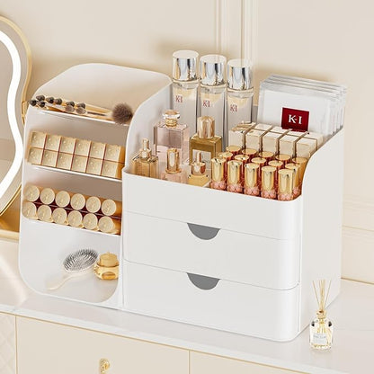 Makeup Organizer with Drawers, Large Capacity Countertop Organizer for Vanity, Bathroom and Bedroom Desk Cosmetics Organizer, Easy To Storage Skincare, Brushes, Eyeshadow, Lipstick (All White)