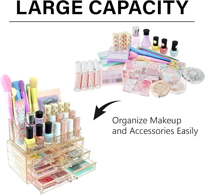 Ikee Design Acrylic Makeup Organizer with 4 Drawers Removable Top Lipstick Holders, Cosmetics Organizer for Skincare, Accessories, Lip Gloss for Vanity or Bathroom Countertop, Gold Glitter