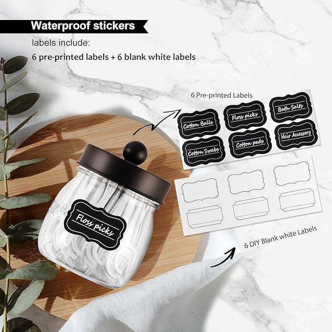 6 Pack Qtip Holder Bathroom Set, SheeChung Plastic Mason Jar Apothecary Jar Set for Bathroom Vanity Storage Organizer, Farmhouse/Home Decor, 12 Labels (Bronze)