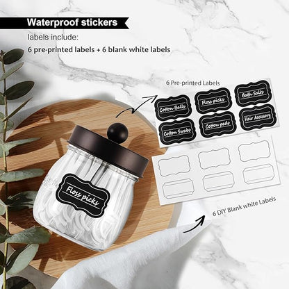 6 Pack Qtip Holder Bathroom Set, SheeChung Plastic Mason Jar Apothecary Jar Set for Bathroom Vanity Storage Organizer, Farmhouse/Home Decor, 12 Labels (Bronze)