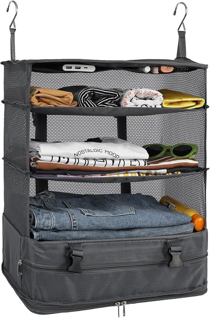 Surblue Hanging Closet Storage Bag Collapsible 3-Shelf Washable Oxford Fabric with 2 Hooks (XL 17.71 * 11.81 * 20in, Grey)