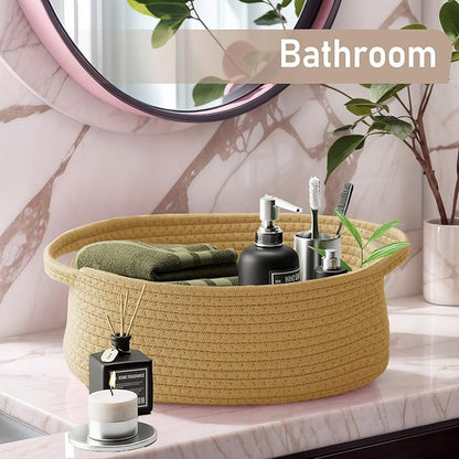 JMvicyroam Woven Basket,Small Rope Storage Bin with Handles & Ribbon Bag, Organizer for Shelves Closets,Gift Basket Empty for Birthday,Books,Dog Toys, Jute/3 Pack