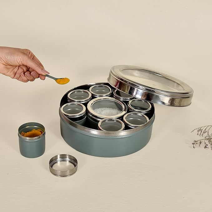 Elan Stainless Steel Masala Box | Spice Storage Container | Masala Dani With 9 Containers and Small Spoon | Masala Dabba For Kitchen See Through Lid | Kitchen Spice Organiser (Moss green)