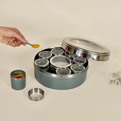 Elan Stainless Steel Masala Box | Spice Storage Container | Masala Dani With 9 Containers and Small Spoon | Masala Dabba For Kitchen See Through Lid | Kitchen Spice Organiser (Moss green)