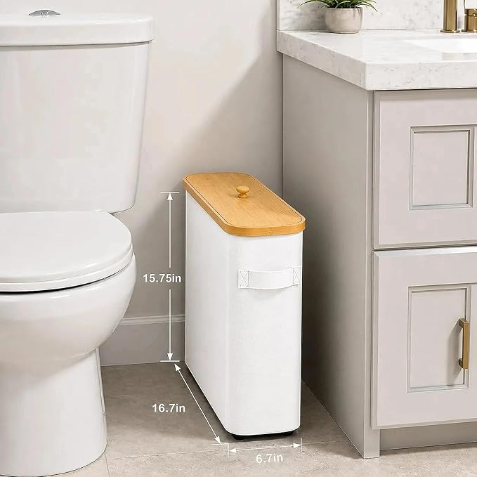 Premium Waterproof Toilet Paper Storage Box with Bamboo Lid - Fits 9 Mega Rolls, 900D Heavy-Duty Fabric Bathroom Organizer Bin with Elevated Base & Handles for Narrow Spaces (17.3"x 6.9"x 15.5")