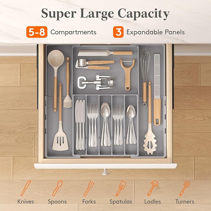 Lifewit Silverware Drawer Organizer, Expandable Utensil Tray for Kitchen, BPA Free Flatware and Cutlery Holder, Adjustable Plastic Storage for Spoons Forks Knives, 5-8 Slots, Gray