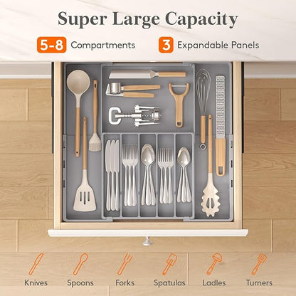 Lifewit Silverware Drawer Organizer, Expandable Utensil Tray for Kitchen, BPA Free Flatware and Cutlery Holder, Adjustable Plastic Storage for Spoons Forks Knives, 5-8 Slots, Gray