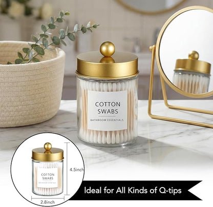 Amolliar 4 Pack Qtips Dispenser Holder - Bathroom Countertop Storage Organizer Containers - Glass Apothecary Jars with Gold Plastic Lid for Q-tips Cotton Balls, Swabs, Round Pads, Floss