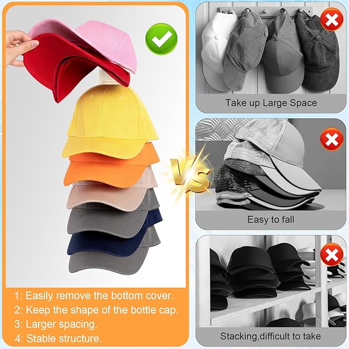 2 Pack Hat Organizer for Baseball Caps, Hat Rack for Wall, Strong Adhesive & Screw-in Cap Holder Hat Hangers for Closet Door & Bedroom (Beige-2Pack)
