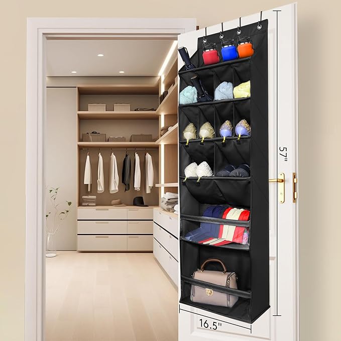 Over The Door Shoe Organizer with Large Deep Pockets - Multifunction Shoe Holder for Narrow Door Hanging - Black 16 Pockets
