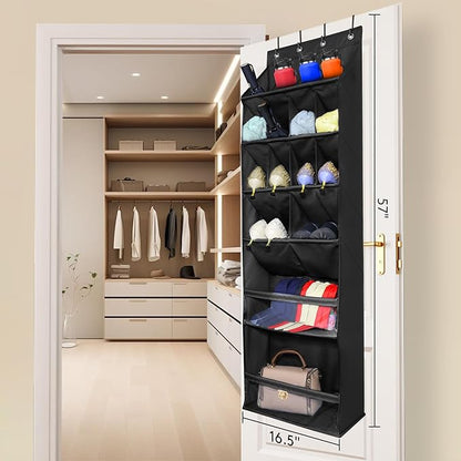 Over The Door Shoe Organizer with Large Deep Pockets - Multifunction Shoe Holder for Narrow Door Hanging - Black 16 Pockets