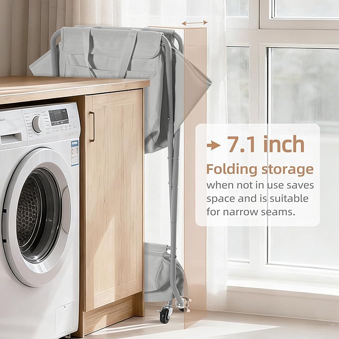 STORAGE MANIAC Collapsible Laundry Cart with Wheels 35.6"H Removable Canvas Bag Rolling Laundry Hamper Clothes Basket with Wheels, Sturdy Steel Frame Folding for Small Narrow Space Easy Storage, Grey