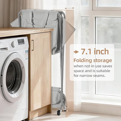 STORAGE MANIAC Collapsible Laundry Cart with Wheels 35.6"H Removable Canvas Bag Rolling Laundry Hamper Clothes Basket with Wheels, Sturdy Steel Frame Folding for Small Narrow Space Easy Storage, Grey