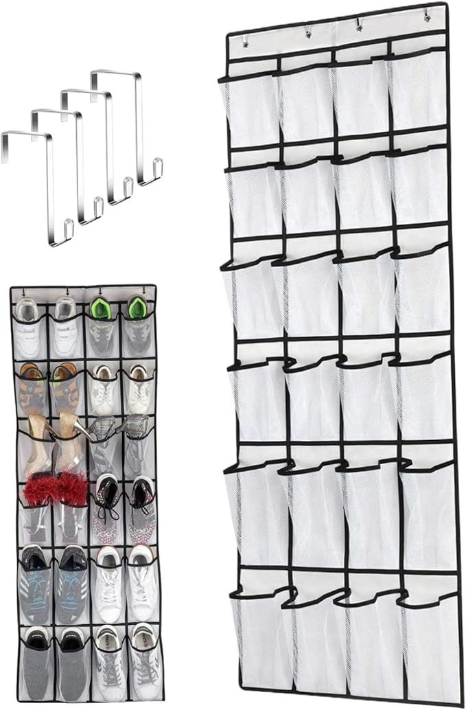 Over the Door Shoe Organizer, 24 Pocket Breathable Mesh Hanging Shoe Organizer, Up to 40 Pounds Non Slip Shoe Holder, Sturdy over the Door Storage Fits for Size 13 Shoes 59x21 Hanging Shoe Organizer