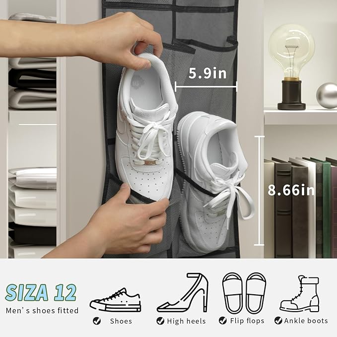 MSLOVE Narrow Over The Door Shoe Organizer, 12 Large Mesh Pockets Hanging Shoe Organizer for Closet Organizers and Storage, Grey, 2 Pack
