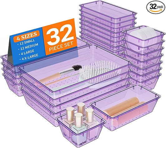 StorMiracle 32 PCS Clear Plastic Drawer Organizer Set, 4-Size vanity organizer Trays and Storage Bins for Makeup, Jewelry and Gadgets in Bedroom, Bathroom and Office, Clear Purple