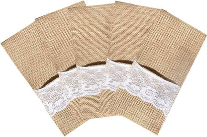 Awtlife 60 Packs Xmas Burlap Lace Utensil Holders Silverware Cutlery Pouch Knifes Forks Bag for Vintage Wedding