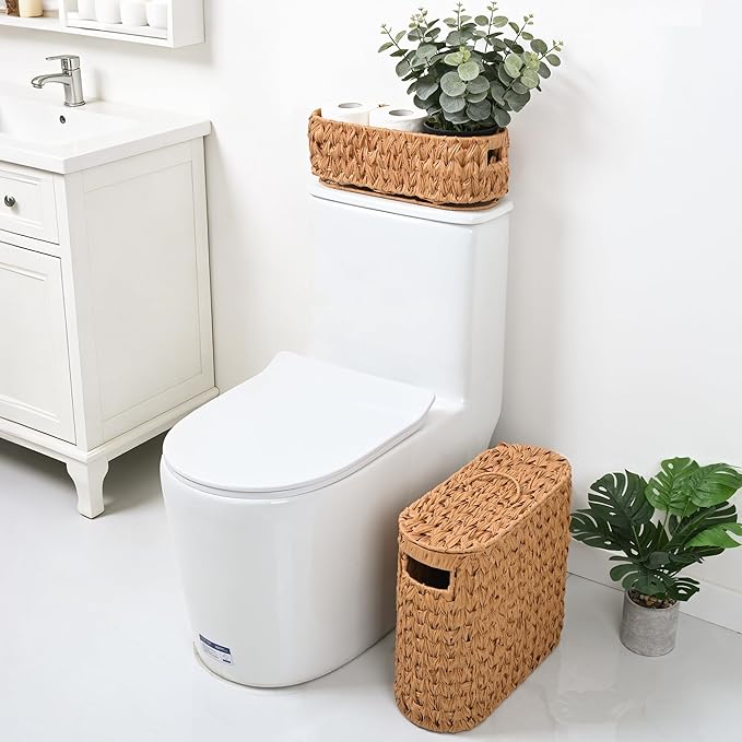 Livole 2-in-1 Toilet Paper Basket with Lid Toilet Paper Storage - 16 Regular Rolls or 12 Mega Rolls Woven Plastic Rattan Waterproof Toilet Paper Organizer for Bathroom, Natural