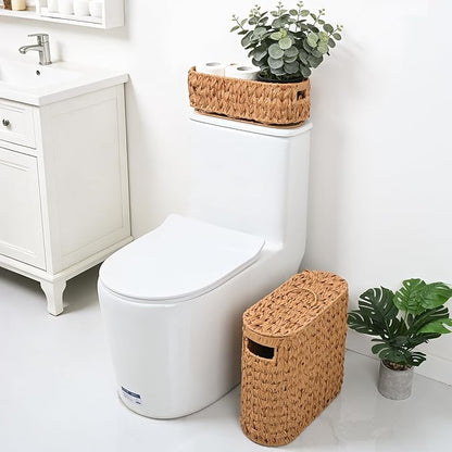 Livole 2-in-1 Toilet Paper Basket with Lid Toilet Paper Storage - 16 Regular Rolls or 12 Mega Rolls Woven Plastic Rattan Waterproof Toilet Paper Organizer for Bathroom, Natural