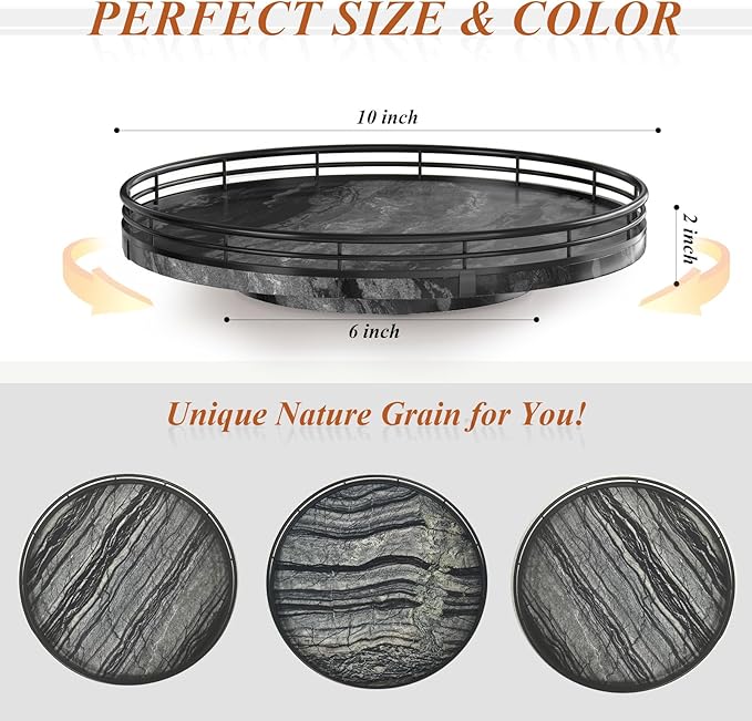 Marble Lazy Susan Turntable for Table Top – 10” Round Ancient Wood Grain Marble Tray Organizer for Dining Table, Kitchen Countertop & Bar, Luxury Stone Serving Tray with Black Iron Frame