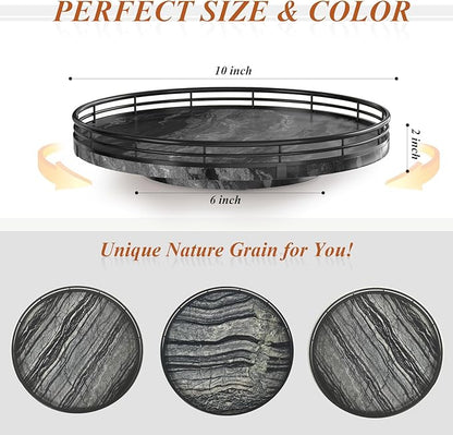 Marble Lazy Susan Turntable for Table Top – 10” Round Ancient Wood Grain Marble Tray Organizer for Dining Table, Kitchen Countertop & Bar, Luxury Stone Serving Tray with Black Iron Frame