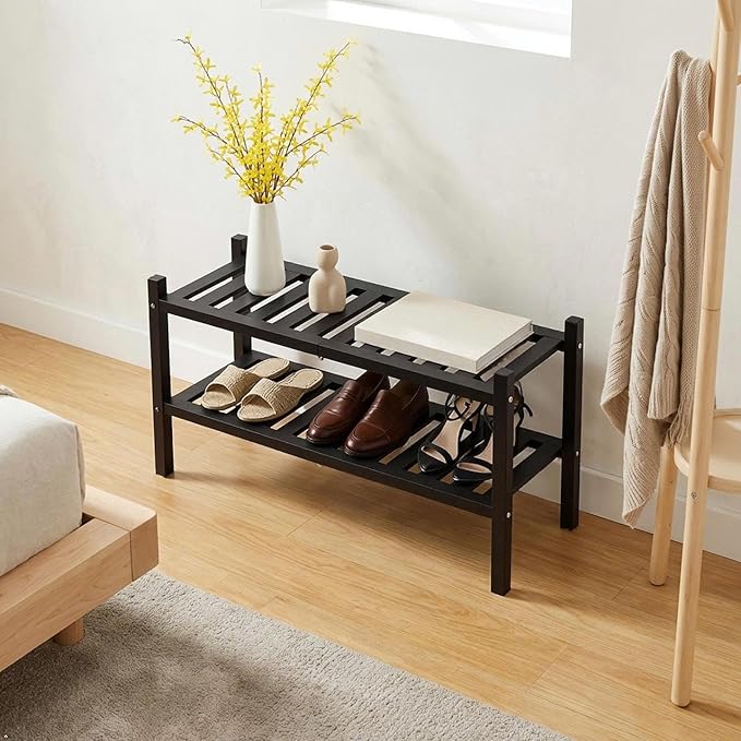 VICTORY RELAX 2-Tier Acacia Wood Shoe Rack - Stackable Entryway Organizer for Closet, Entryway, Easy Assembly, Indoor/Outdoor Storage Stand (Black)