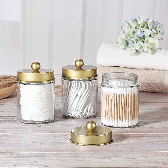Apothecary Jar Canisters Bathroom Vanity Organizer - Qtip Holder Storage Organizer Countertop -Stainless Steel Lids &Cute Stickers for Qtips,Cotton Swabs,Makeup Sponges,Floss(3 Pack) (Gold)