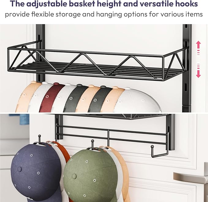 SWTYMIKI Over Door Hat Organizer - 5 Tier Wall Mounted Hat Rack with 4 Adjustable Metal Basket and 3 Hooks, Hanging Baseball Cap Organizer Storage Holds up to 49 Caps for Door, Bedroom, Closet