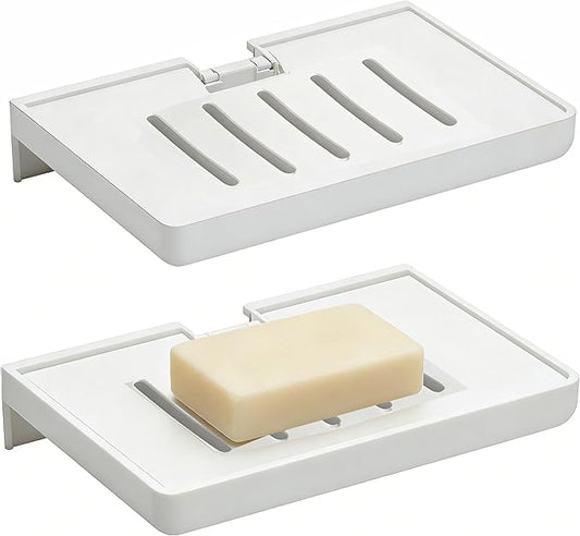 SUOXING 2 Pack Bar Soap Holder for Shower Wall,Self Draining Adhesive Soap Holder,Rustproof Wall Mounted Acrylic Shower Soap Rack & Caddy for Bathroom,Bath,Kitchen,No Drilling PlasticSoap Shelf,White