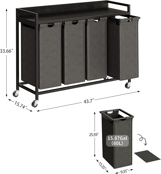 Herture Laundry Hamper with Shelf, Laundry Basket 4 Section, Laundry Sorter with Pull-Out Removable Large Bags and Movable Wheels, Metal Frame, 4 x 15.87 Gallons (60L), Black and Gray PF07XLB