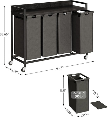 Herture Laundry Hamper with Shelf, Laundry Basket 4 Section, Laundry Sorter with Pull-Out Removable Large Bags and Movable Wheels, Metal Frame, 4 x 15.87 Gallons (60L), Black and Gray PF07XLB
