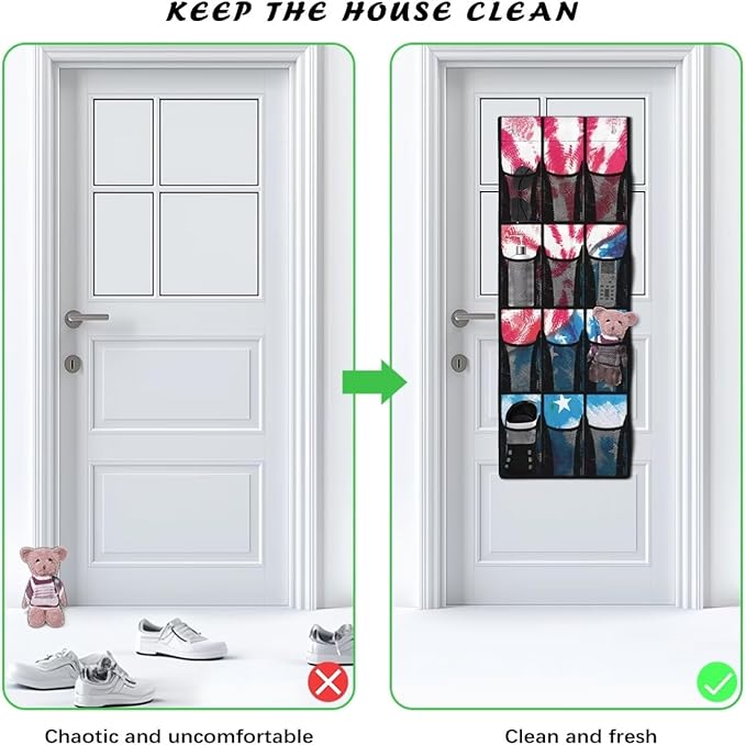 Tie-Dye Space Saving Hanging Shoe Organizer,Entryway Bedroom Bathroom Storage Bags with 12 Mesh Large Pockets,Stylish Print
