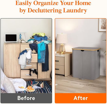 Lifewit 120L Double Laundry Hamper with Lid, Large Laundry Basket with Removable Bag & Bamboo Handles, Fodable Tall Dirty Clothes Hamper for Laundry Collapsible Bin for Bathroom Bedroom, Charcoal Gray