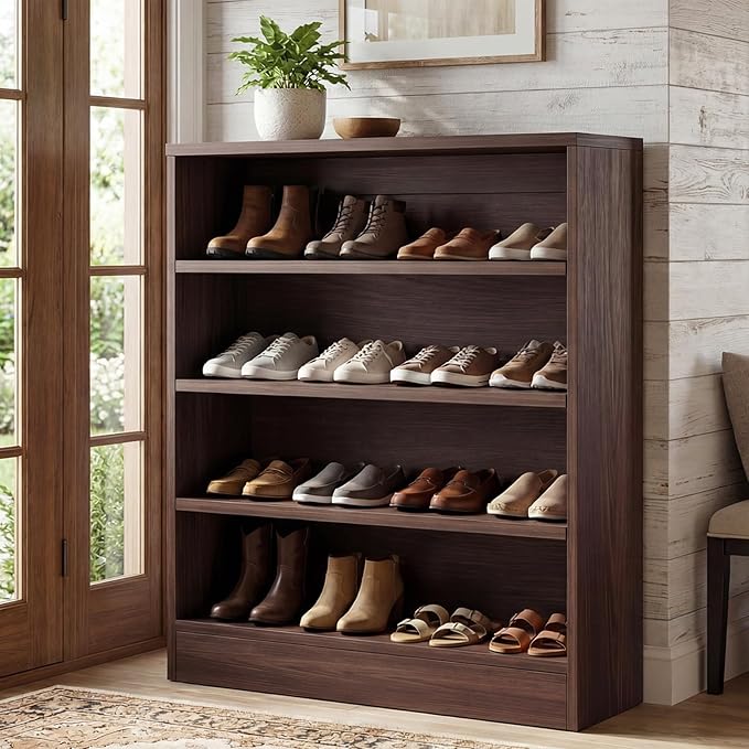 Homieasy Shoe Cabinet, 5-Tier Modern Wood Shoe Storage Organizer with 3 Adjustable Shelves for Entryway, Multi-Purpose Display Shelf & Storage Cabinet for Living Room, Bedroom, Dark Walnut