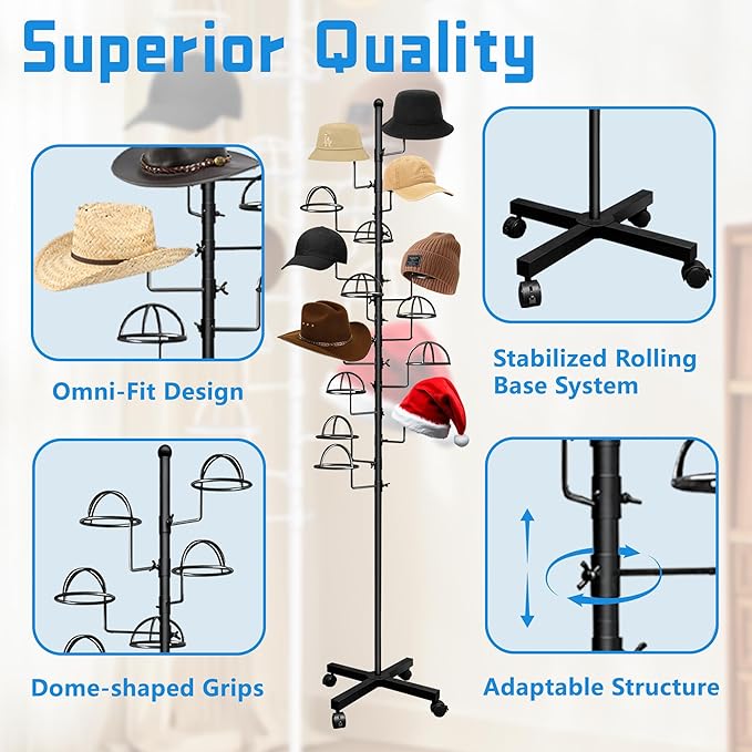 Montex Freestanding Hat Rack Stand, Metal Hat Organizer Rack with 14 Customisable Circular Hooks, Hats Tree Stand Floor Standing Hat Display, Black