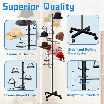Montex Freestanding Hat Rack Stand, Metal Hat Organizer Rack with 14 Customisable Circular Hooks, Hats Tree Stand Floor Standing Hat Display, Black