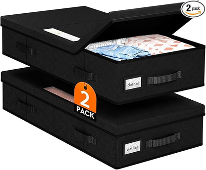 StoreHappily Under Bed Storage Containers with Lids - 2 Pack, Foldable and Stackable Clothes Storage Bags with Clear Window, 3-Sided Handles and Label Slot for Clothing, Blankets, Pillows (Black)