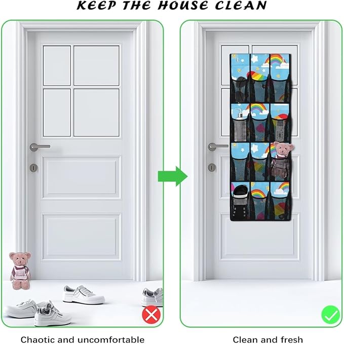 Large Capacity 12-Pocket Behind The Door Hanging Organizer, Oxford Fabric Waterproof Foldable Storage Bag for Bathroom Bedroom Pantry, Rainbow