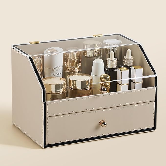 Leather Makeup Organizer & Skincare Storage Rack - Cosmetic Display Case with Dustproof Transparent Cover, Drawer Jewelry Storage, for Bedroom Vanity, Perfume & Lipstick Organizer (Beige)