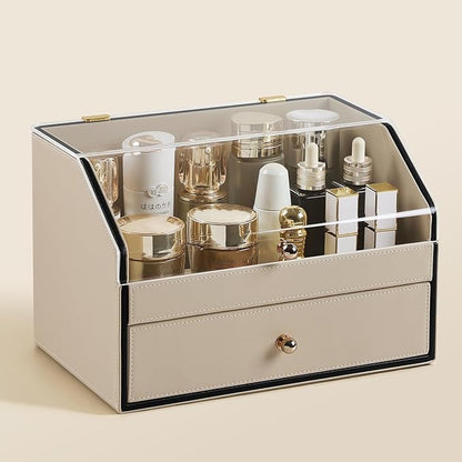 Leather Makeup Organizer & Skincare Storage Rack - Cosmetic Display Case with Dustproof Transparent Cover, Drawer Jewelry Storage, for Bedroom Vanity, Perfume & Lipstick Organizer (Beige)