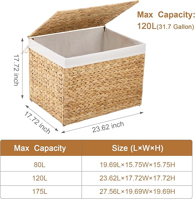 Water Hyacinth Storage Basket with Lid, 31.7 Gallon (120L) Wicker Shelf Basket with Removable Liner, Wicker Storage Basket for Blanket, for Livingroom, Bedroom, Natural