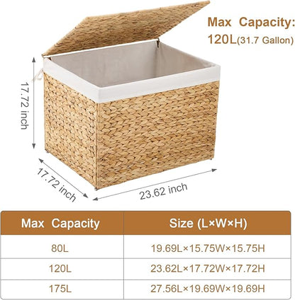 Water Hyacinth Storage Basket with Lid, 31.7 Gallon (120L) Wicker Shelf Basket with Removable Liner, Wicker Storage Basket for Blanket, for Livingroom, Bedroom, Natural